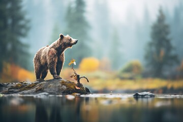 grizzly on hind legs spotting fish in distance - obrazy, fototapety, plakaty