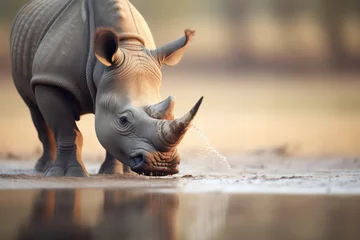 Gordijnen indian rhino drinking from a watering hole © Natalia