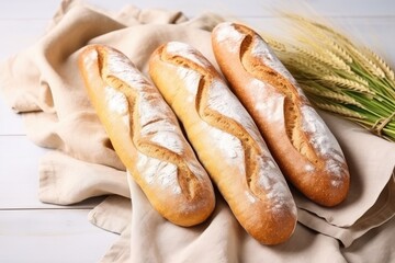 Top view of delicious baguettes with fresh butter on a white table.