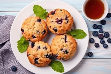Top view of blueberry muffins with fresh blueberries mint tea with milk on a white wooden background