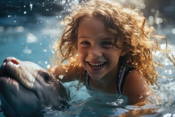 Adorable little girl riding dolphin. Brave kids sitting on back dolphin in swimming pool. Happy children with cute dolphin swimming in water