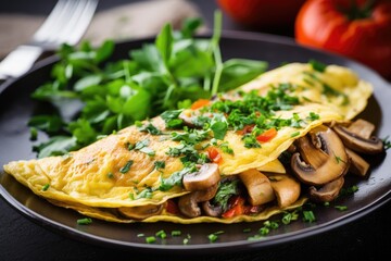 Close-up shot of vegetable omelette featuring fresh mushrooms and herbs.