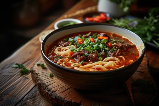 Spicy red soup beef noodle in a bowl on wooden table. Generative AI.