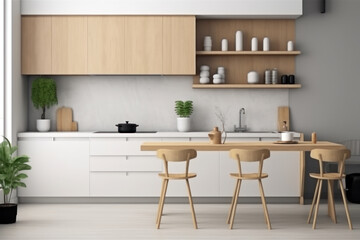 Fototapeta na wymiar View of modern kitchen through to dining area.AI Generative