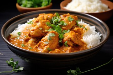 Weeknight dinner recipe tasty chicken curry in rich sauce alongside rice Economical and simple with various Asian cuisines - obrazy, fototapety, plakaty