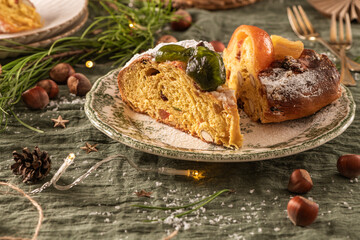 Slices of Bolo Rei or Kings Cake.  Is a traditional Xmas cake made for Christmas, Carnavale or...