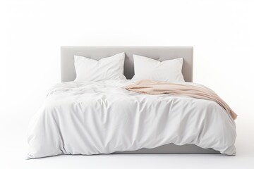 White bedding on a white bed separated Bedroom with bed and linen on white backdrop Isolated bed with pillows and duvet Front facing