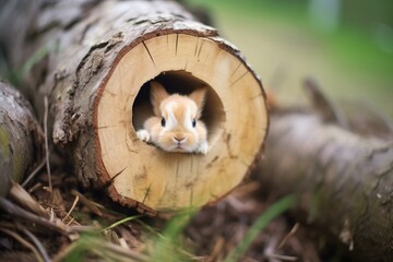 Obraz premium dwarf rabbit tucked inside a hollow log