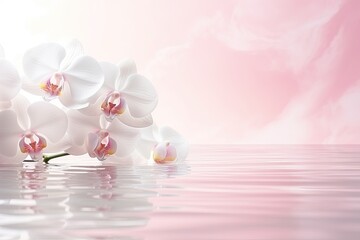Beautiful abstract spa background concept banner with a white orchid, shadow, and sunlight on water.