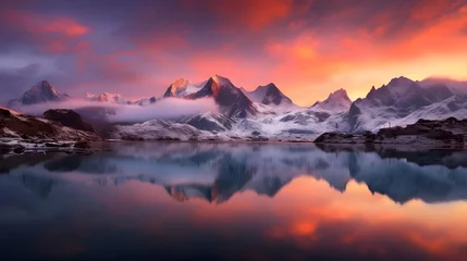 Foto op Plexiglas Fantastic panoramic view of snow-capped mountains at sunset © Iman