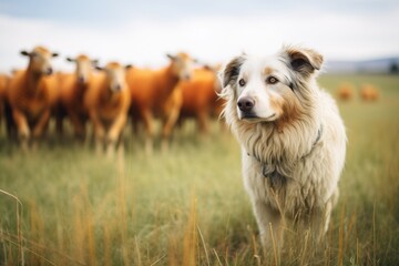 herding dog pausing as sheep graze calmly - obrazy, fototapety, plakaty