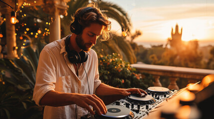 Dj plays music outdoors on the terrace of a mansion. Generative AI.