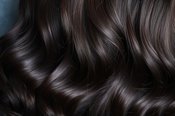 Long, dark, curly, beautifully styled hair. Black background with room for text. Hairdressing, care, coloring, and gray hair shading. - obrazy, fototapety, plakaty