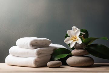 Spa salon with towels, flowers, and stones on massage table.