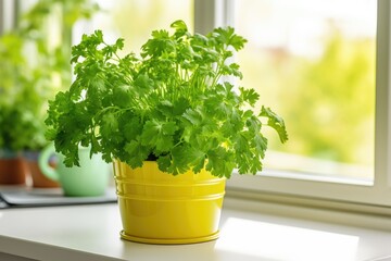 Parsley grows in a yellow pot indoors on a white windowsill during spring.