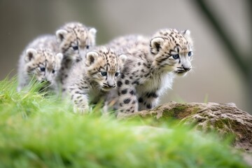 snow leopard cubs sneaking up on their mother
