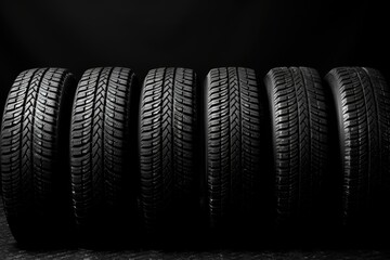 Winter studded tires and velcro tires line up on a black backdrop. - obrazy, fototapety, plakaty