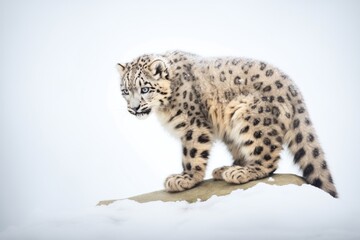 snow leopard crouching on a snowy ridge