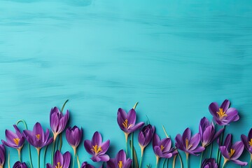 Purple saffron flowers arranged on a turquoise background for text.