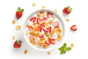 Cornflakes with milk and strawberries on white background, seen from above.