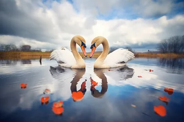 Poster two swans, heart shape, under overcast sky © Natalia