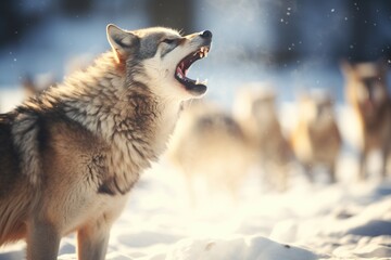 howling wolf pack with dominant male in focus - obrazy, fototapety, plakaty