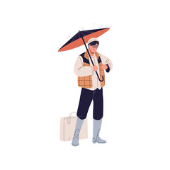 Stylish guy with umbrella lates because of rainy weather. Shocked man under parasol checking time, looking on wristwatch. Busy person outdoors in rain. Flat isolated vector illustration on white