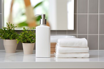 Obraz na płótnie Canvas Bright bathroom background with white counter table holding ceramic soap, shampoo bottles, and white cotton towels.
