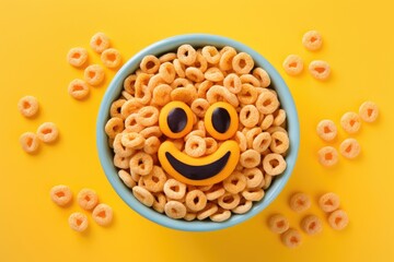 Children's healthy breakfast cereals arranged in a smiley face shape on a yellow background top view.