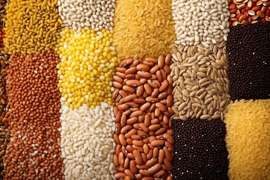 Assorted backgrounds showcasing cereals, grains, rice, and beans.