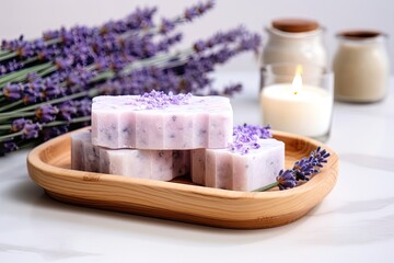 Obraz na płótnie Canvas Beauty treatment with handmade lavender spa products displayed on a white table, including soap, essential oil, and bath salt.
