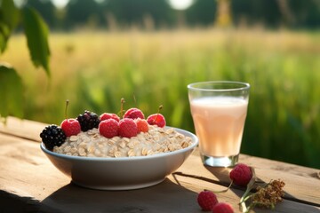 Healthy breakfast concept with oatmeal, berries, vegan oat milk, and ripe cereal field in the background.