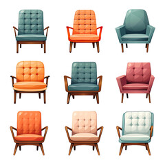 collection of midcentury modern arm chairs in various colors isolated on a transparent background.
