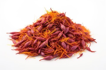 Fototapeta premium White isolated dried saffron heap, top view.
