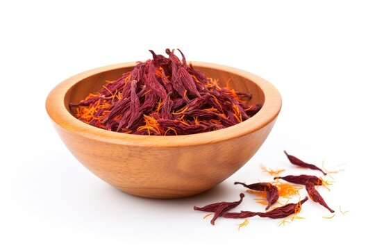 Safflower, also known as Hong hua or Flos carthami tinctori, used in Chinese herbal medicine and cooking, displayed in a white background.