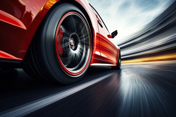 Car with copy space drives fast with motion blur, tires spinning. Low angle side view. - obrazy, fototapety, plakaty