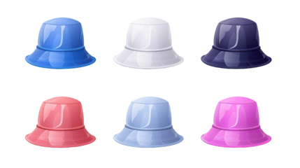 Collection set of bucket hats in various colors isolated on transparent or white background