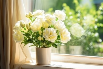 Eustoma flower on windowsill, open window, sunny day. Comfortable gardening zone at home.