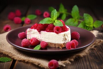 Raspberry cheesecake on wooden plate