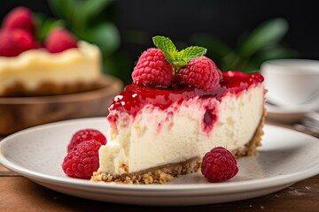 Raspberry cheesecake slice served on a plate