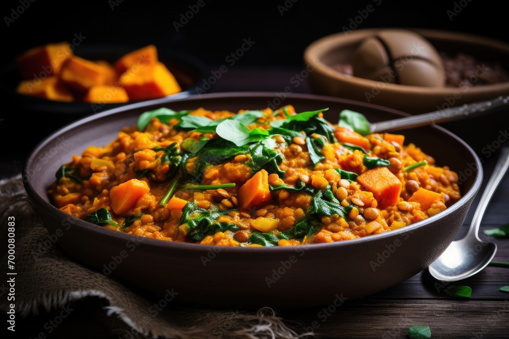 Canvas Prints Red Lentil Curry Bowl with Sweet Potato, Spinach, and Spoon - Canvas Prints