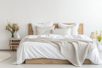 Real photo of a stylish white bedroom with a wooden framed bed many pillows blanket and sheets and a sideboard with flowers on top