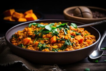 Red Lentil Curry Bowl with Sweet Potato, Spinach, and Spoon