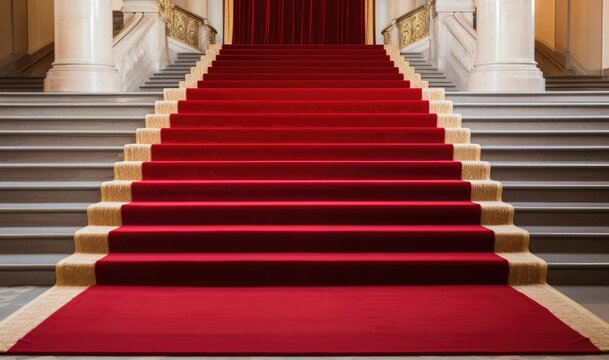 Red carpet on staircase for heads of state, VIPS, and celebrities at formal occasions.