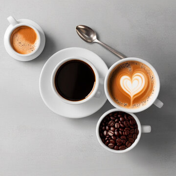 Coffee cups with heart shaped latte art on grey background, top view