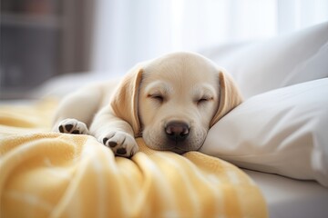 Sleeping yellow lab puppy on bed