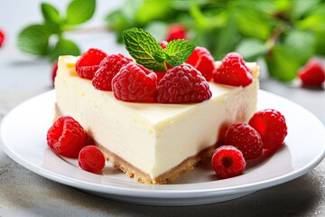 Slice of cheesecake topped with raspberries and mint on white plate