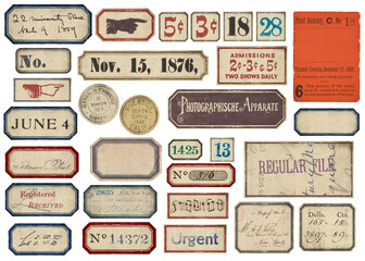 Set of vintage grungy paper labels and tickets with numbers and stamps for Scrapbooking and Junk Journals - obrazy, fototapety, plakaty