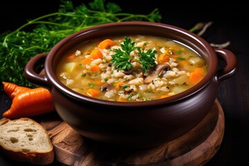 Vegetable barley soup in a wooden bowl on a black background. Vegan, homemade.