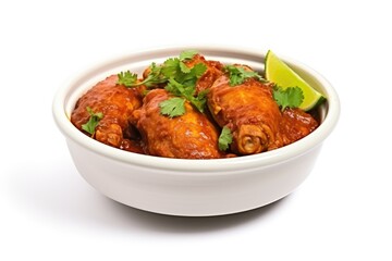 Spicy chicken leg dish with coriander and green chili in a white bowl isolated